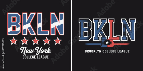 Set of two vintage style Brooklyn college league graphic designs featuring distressed typography and patriotic colors perfect for apparel