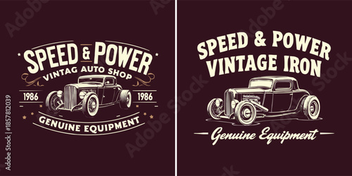 Vintage hot rod auto shop emblem designs featuring speed power and genuine equipment motifs for apparel or branding