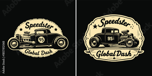 Vintage hot rod emblem featuring a classic modified coupe with exposed engine and race number ninety five perfect for apparel design.