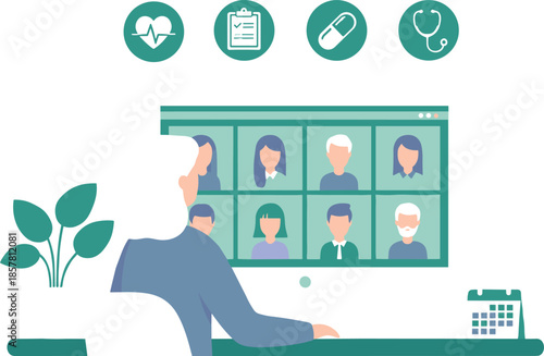 Telemedicine healthcare illustration showing virtual medical team meeting and online patient consultation via digital platform, modern telehealth services concept