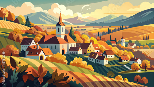 Very beautiful autumn view of Weissenkirchen in the Wachau Valley, with golden vineyards, historic village rooftops, and rolling hills glowing in soft seasonal light.