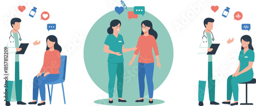 Healthcare consultation illustration set with doctors and nurses communicating with patients, supportive medical care scenes, modern clinic services, flat vector design