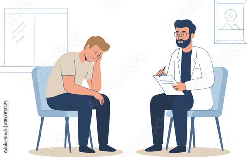 Doctor providing mental health counseling to distressed patient illustration, professional therapy consultation, psychological support concept, modern flat vector design