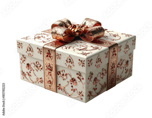 Ornate gift box with ribbon and floral detailing against black background