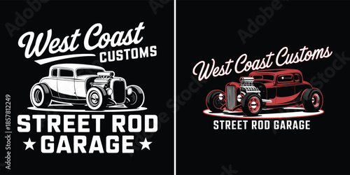 West Coast Customs street rod garage logos featuring a heavily modified classic coupe design in two color schemes