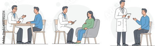 Medical consultation illustration set featuring doctor patient discussions including general checkup and pregnancy care, professional healthcare services, clean flat vector style