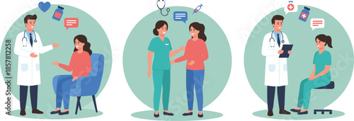 Healthcare consultation illustration set showing doctors nurses supporting patients, professional medical communication scenes, modern clinic services, flat vector design,