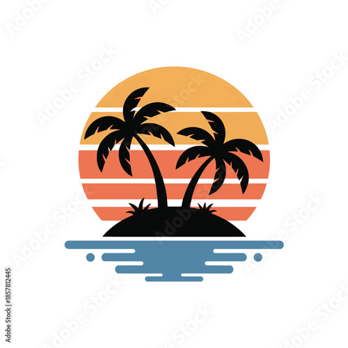 Island Paradise Silhouette: A stylized depiction of a serene tropical island bathed in the warm glow of sunset, with the silhouettes of palm trees adding a touch of exotic tranquility.