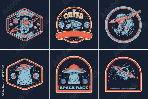 Collection of vintage retro space exploration patches featuring astronauts spaceships and flying saucer designs
