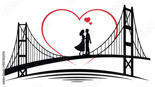 a romantic depiction of a couple embracing on a bridge framed by a heart a beautiful silhouette