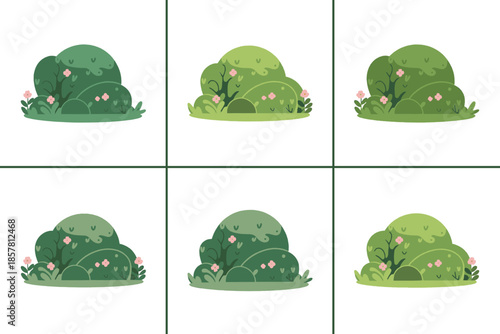 Collection of six stylized green shrubbery illustrations with small pink flowers isolated on a white background for game assets