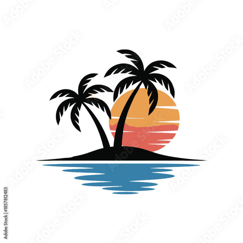 Tropical Sunset: A scenic tropical view showcasing two graceful palm trees against the backdrop of a vibrant sunset, reflected serenely in calm waters. 