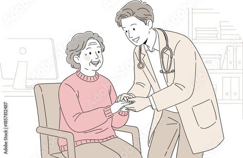 Compassionate doctor assisting elderly patient during medical consultation in clinic interior healthcare illustration for senior care concept vector design
