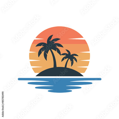 Island Paradise at Sunset: A tranquil island scene, complete with silhouetted palm trees, the gentle reflection of the setting sun over the calm waters.