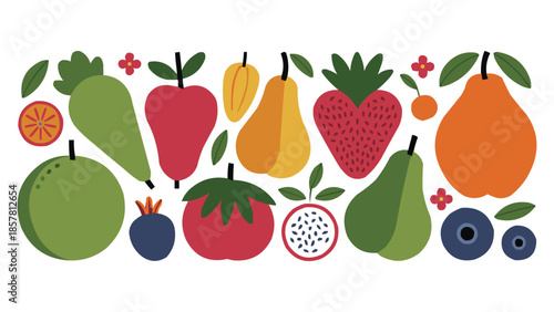 Colorful assortment of stylized fruits including pears strawberries tomatoes and blueberries arranged in a charming horizontal border design
