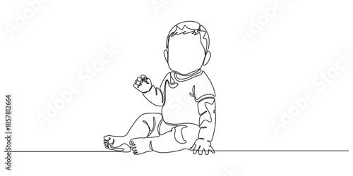 Baby boy sitting in continuous line art drawing style. Cute toddler child black linear sketch isolated on white background. Vector illustration ,Baby boy sitting in continuous line art drawing style.