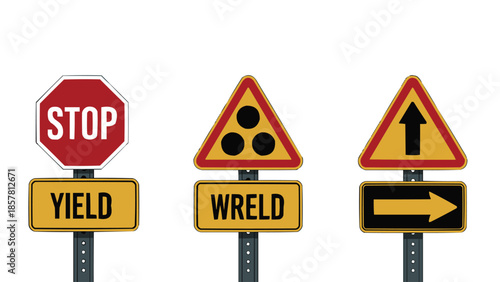 Collection of humorous and nonsensical road signs featuring stop yield and misspelled warning symbols for conceptual design