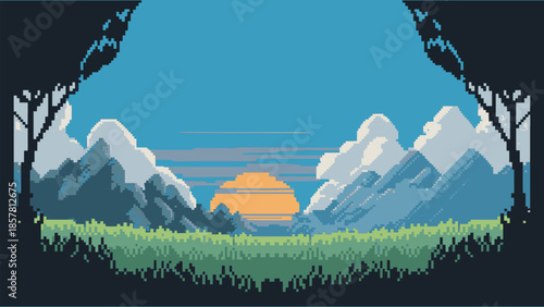 Pixel art landscape captures a serene mountain vista during a vibrant orange sunrise framed by dark foreground foliage.