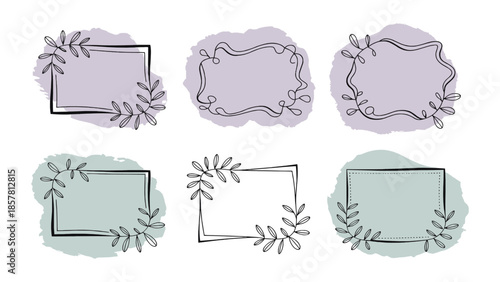 Collection of six delicate hand drawn frames featuring floral botanical elements layered over soft pastel watercolor splashes