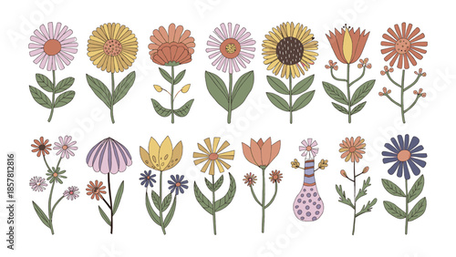 A charming collection of stylized folk art flowers showcasing various whimsical designs and earthy color palettes for decoration.