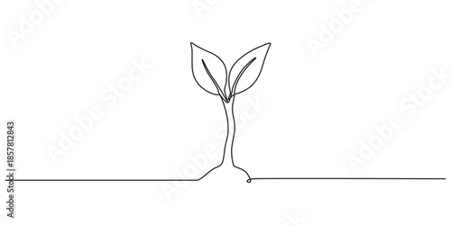 Continuous one line drawing of a young plant sprout with two leaves growing from the ground. Plant drawing with editable black stroke on white background. Vector illustration.