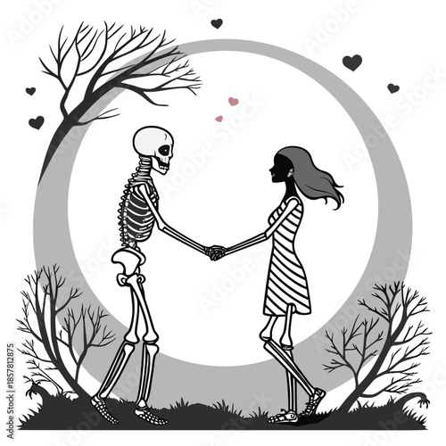 a melancholic scene depicts a couple embracing under a full moon framed within a circular design silhouette