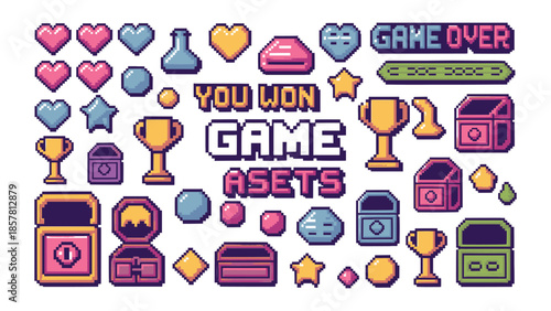 Pixel art collection displaying various colorful game assets including hearts trophies stars chests and winning achievement text