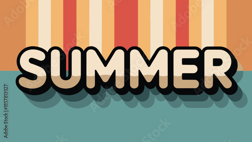 Retro styled word art prominently displays the word summer with bold lettering against a colorful striped backdrop