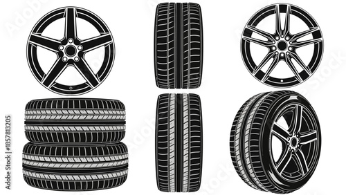 Comprehensive Vector Illustration of Car Tires and Wheels with Diverse Rim Designs and Tread Patterns, Ideal for Automotive and Mechanical Design Projects