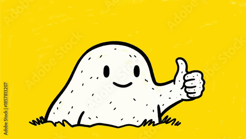 Cheerful blob character giving a positive thumbs up gesture, expressing approval and satisfaction on a bright yellow background, symbolizing success and agreement