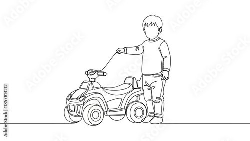 Single continuous line art drawing of a young child playing with a toy quad bike. Joyful minimalist vector illustration depicting childhood fun and motor skill development