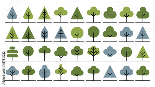 Collection of stylized minimalist vector icons representing various shapes and colors of trees for graphic design projects