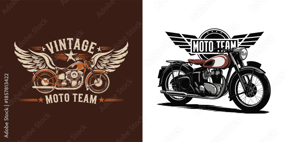 Obraz premium Collection of two distinct vintage and classic motorcycle logo designs featuring retro styling and winged emblems for apparel printing