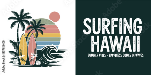 Retro sunset beach scene featuring two surfboards leaning against palm trees near a rolling ocean wave illustration