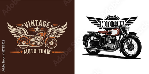 Collection of two distinct vintage and classic motorcycle logo designs featuring retro styling and winged emblems for apparel printing