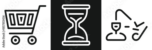 Simple outline icons depicting a shopping cart an hourglass and a customer feedback loop concept for e commerce illustration
