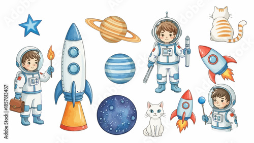 Whimsical Space Adventure Set Cartoon Astronauts, Rockets, Planets, and Cute Cats for Kids' Creative Exploration Designs