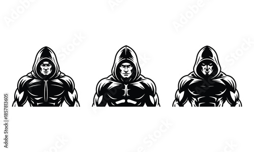 Three Muscular Men in Hoods Silhouette on White Background