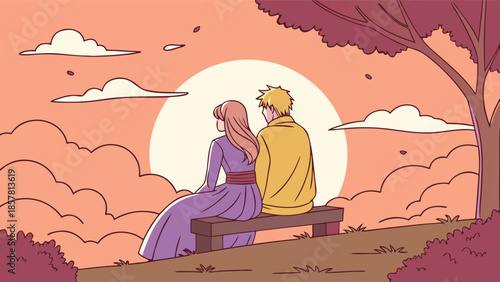 a romantic couple sits together on a bench watching the radiant sunset under a dreamy sky silhouette