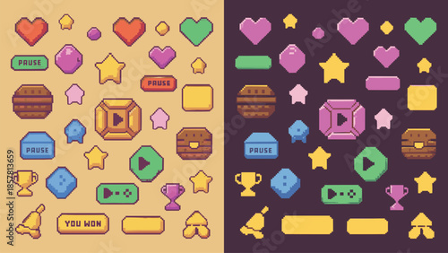 Collection of colorful pixel art game elements including hearts stars trophies and various interface buttons for retro video games