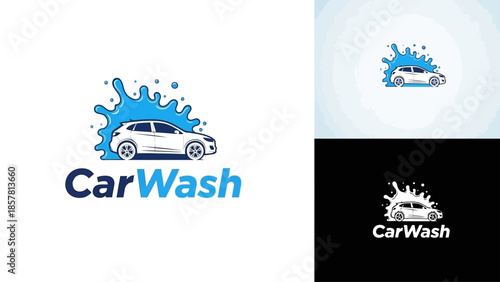 Sleek and modern car wash service logo design with a dynamic water splash embracing a contemporary automobile, ideal for automotive cleaning businesses and branding