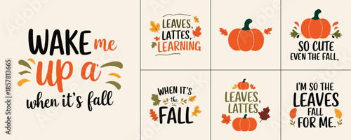 Collection of delightful fall themed typography designs featuring pumpkins leaves and cute seasonal sayings for decoration