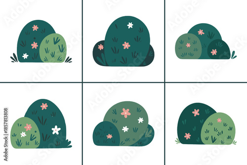 Collection of stylized green bushes with small flowers illustrating various simple nature or garden elements in a clean design set.