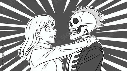a surprised young woman confronts a skeletal figure in a dramatic dance pose a striking black and white silhouette