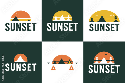 Collection of six distinct logo concepts featuring stylized mountain ranges illuminated by a setting sun graphic design elements
