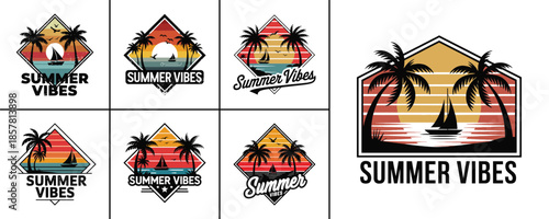 Collection of vintage retro sunset beach vector logo designs featuring palm trees sailboats and tropical summer vibes text elements