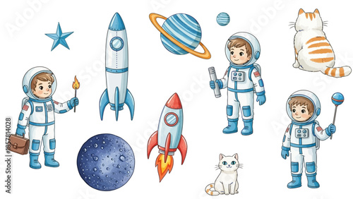 Whimsical Space Exploration Characters and Celestial Objects for Creative Projects