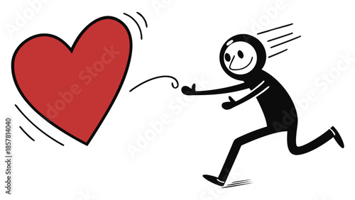 a stick figure running towards a large red heart with motion lines representing love and pursuit silhouette