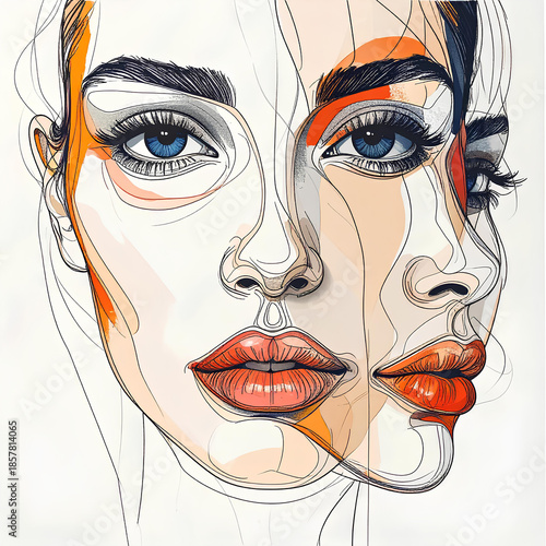 Minimal line art faces, PNG vector, white background