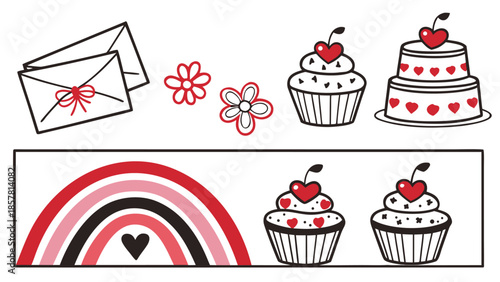 Vector illustration valentines day themed illustration with cupcakes, flowers, and a letter on a